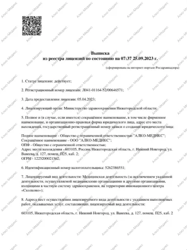 Выписка из реестра лицензий ООО «Алко-Медикс», страница 1